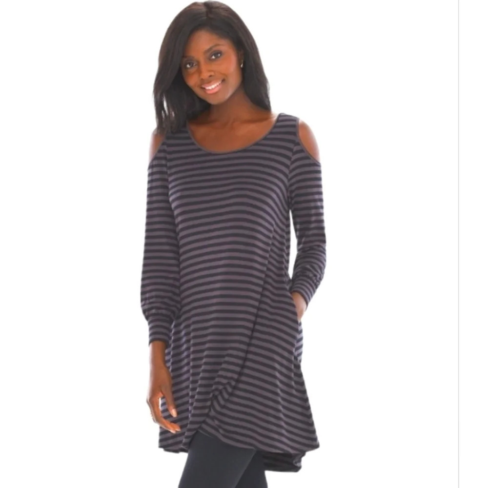 Soma Soft Jersey Cold Shoulder Short Dress Leisure Stripe Espresso Size XL